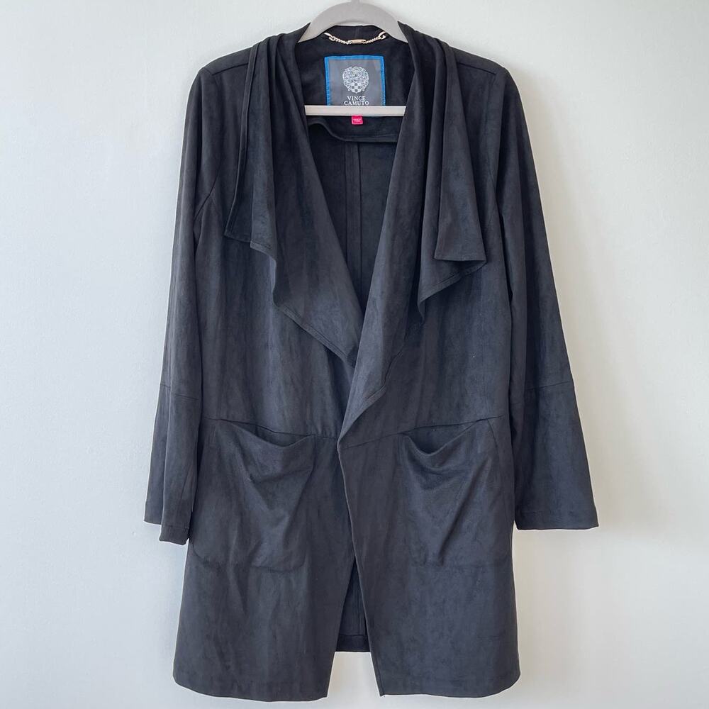 New Vince Camuto Draped Collar Knee Length Suede Wrap Trench Coat Black Size M
